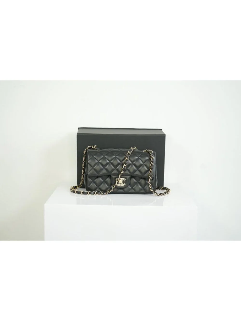 Chanel Mini Classic Black Lambskin W/Champagne Gold Flap Bag Full Set